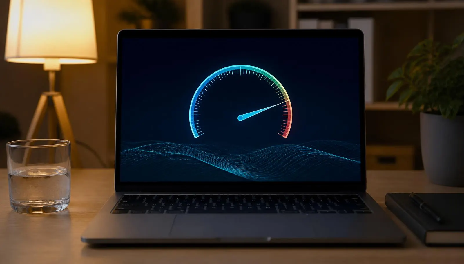 Notebook mit Speedtest-Anzeige auf einem Schreibtisch am Abend
