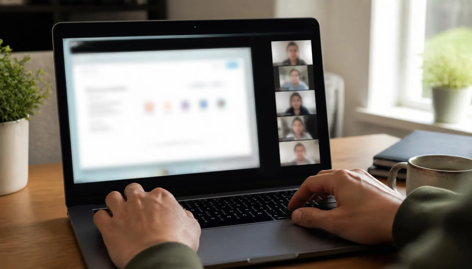 Notebook auf einem Schreibtisch während einer Videokonferenz mit geteiltem Bildschirm