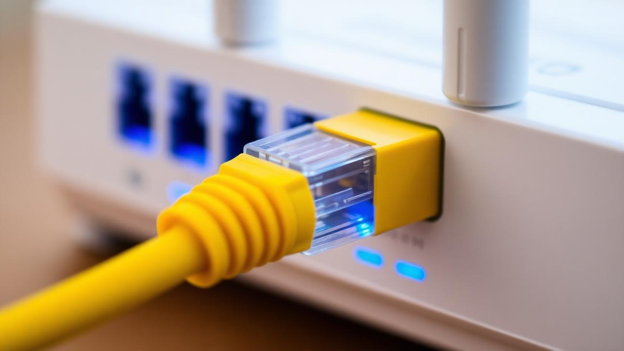 Gelbes LAN-Kabel im LAN-Port eines modernen Routers mit blauen LEDs