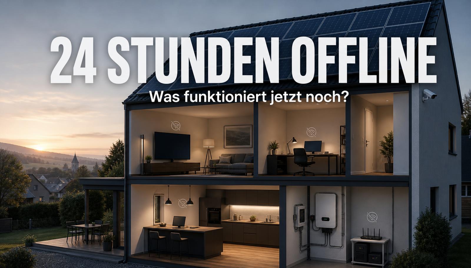 Querschnitt durch ein modernes Einfamilienhaus mit Offline-Symbolen über einzelnen Geräten
