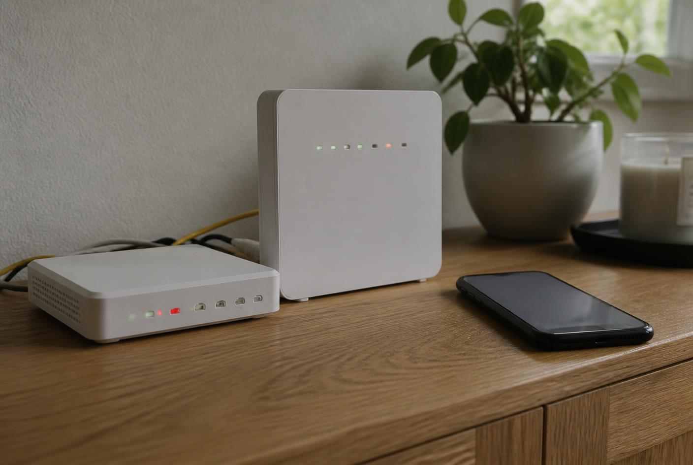 Router und ONT auf einem Sideboard, Internetanzeige offline, daneben ein Smartphone ohne WLAN