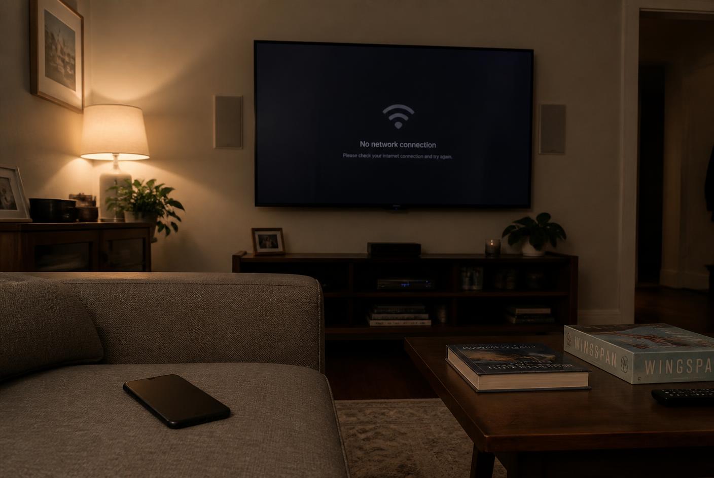 Wohnzimmer am Abend, Fernseher zeigt keine Netzwerkverbindung, daneben Buch und Brettspiel