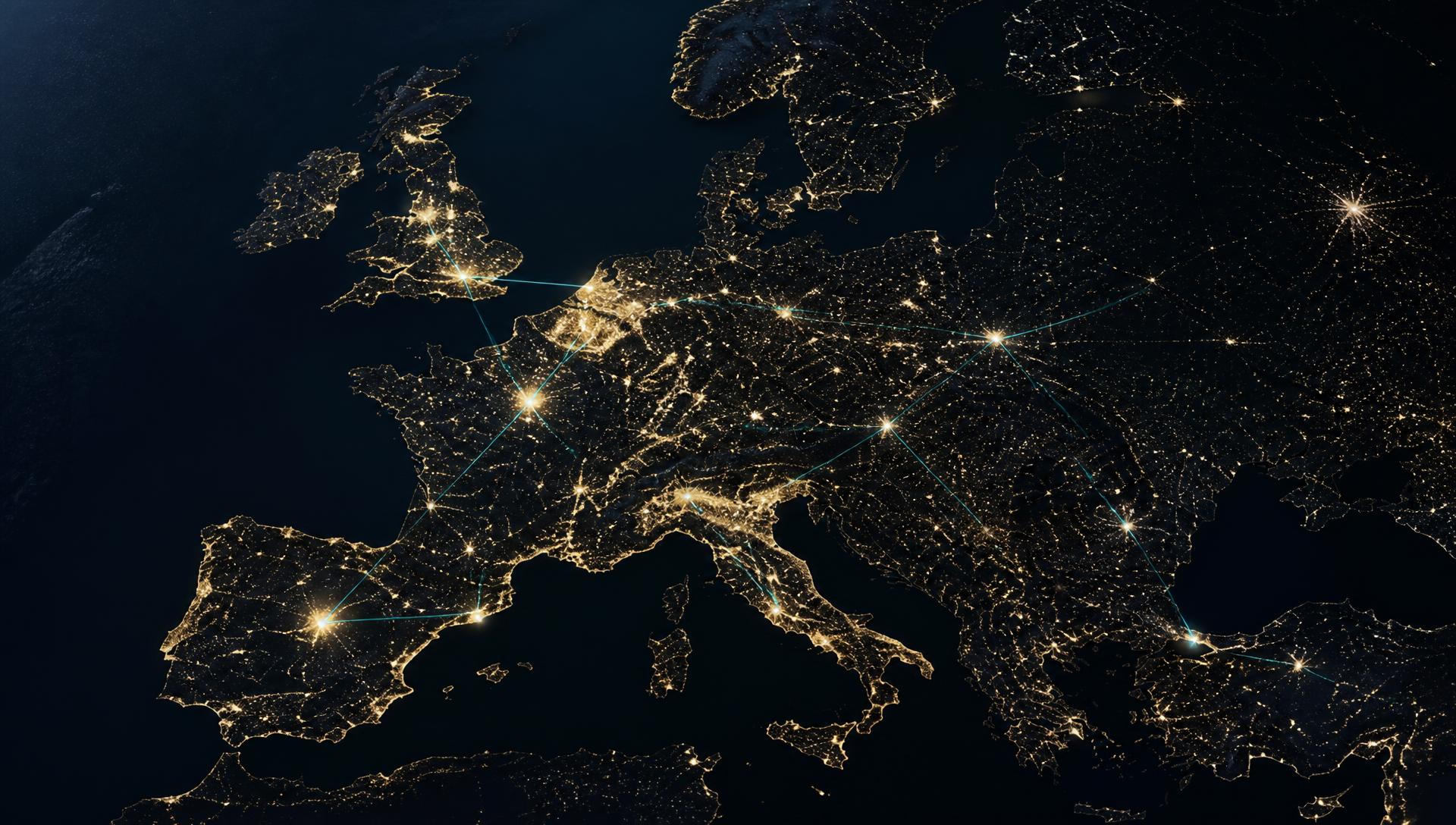 Nachtaufnahme Europas aus dem All mit Stadtlichtern und wenigen dünnen leuchtenden Verbindungslinien zwischen Ballungsräumen