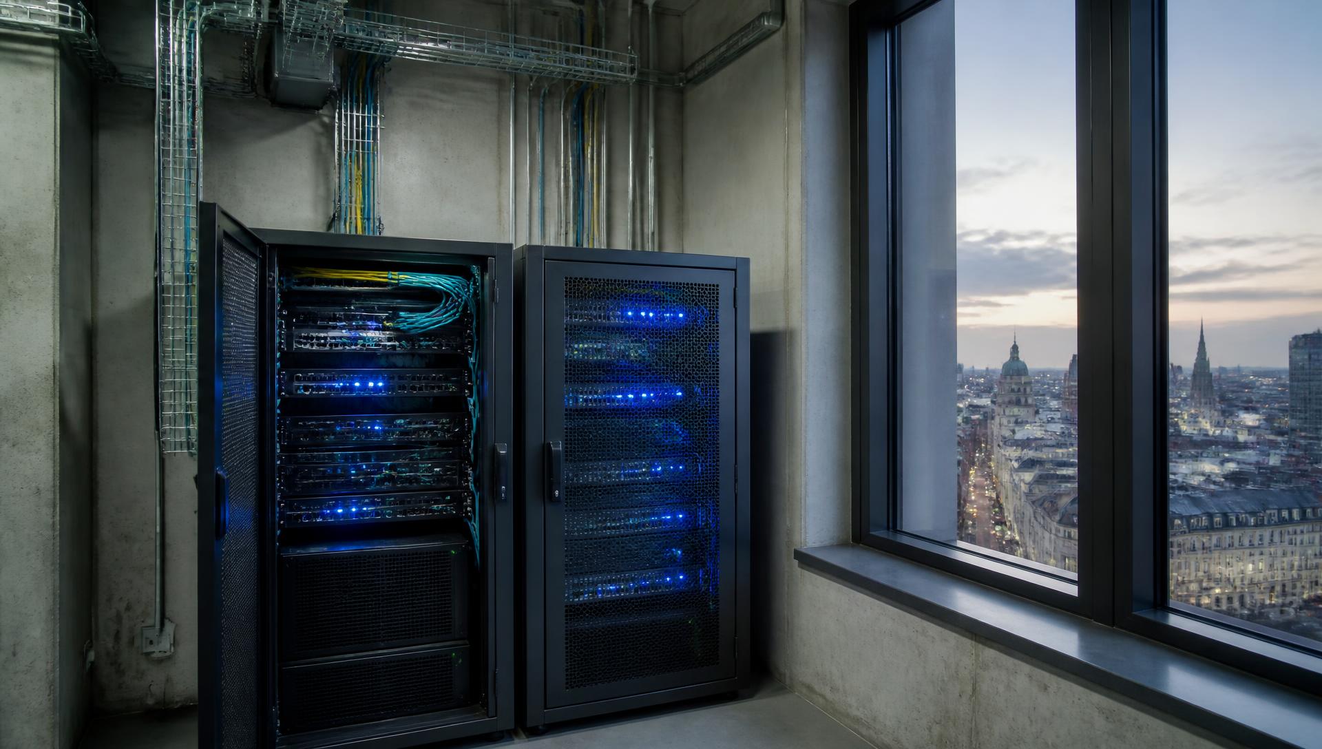 Kompakte Edge-Server-Schränke mit blauen Status-LEDs in einem Technikraum, im Hintergrund eine europäische Stadt in der Dämmerung