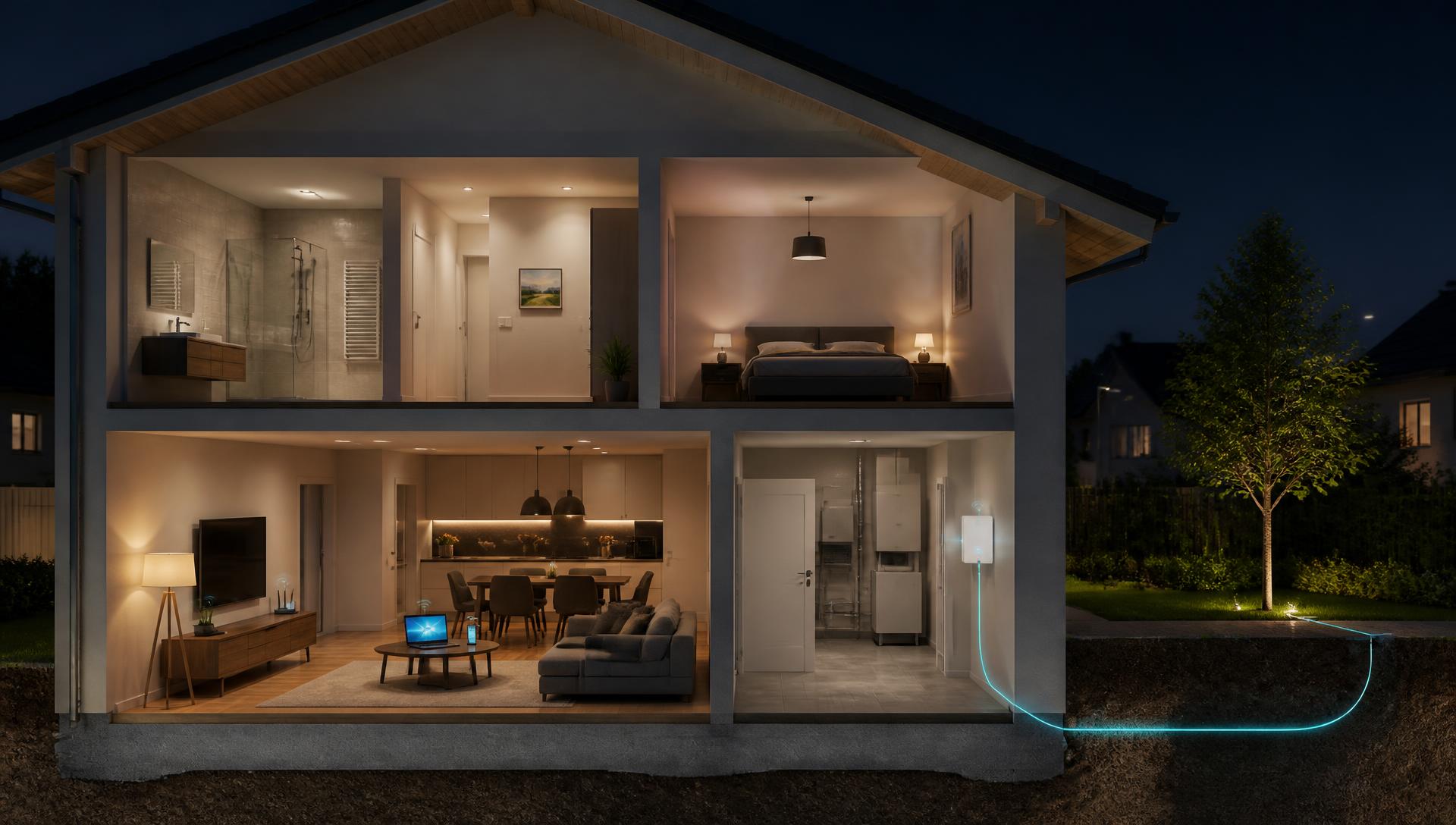 Technischer Querschnitt eines Einfamilienhauses bei Nacht mit Laptop, Router, ONT und leuchtender Glasfaserleitung ins Erdreich