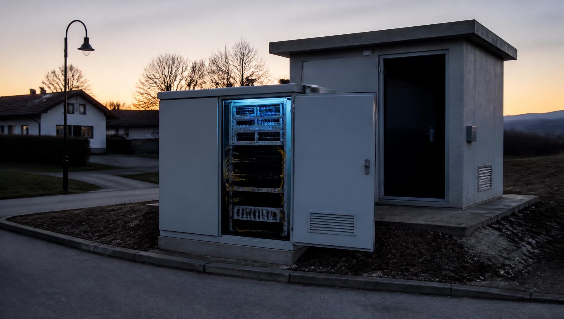 Grauer Technikschrank mit Glasfaser-Patchkabeln und Netzwerktechnik am Ortsrand in der Dämmerung