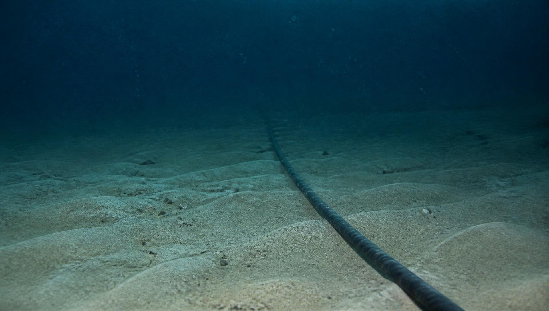 Unterwasseraufnahme eines schwarzen Unterseekabels, das auf sandigem Meeresboden liegt und im dunkelblauen Wasser verschwindet