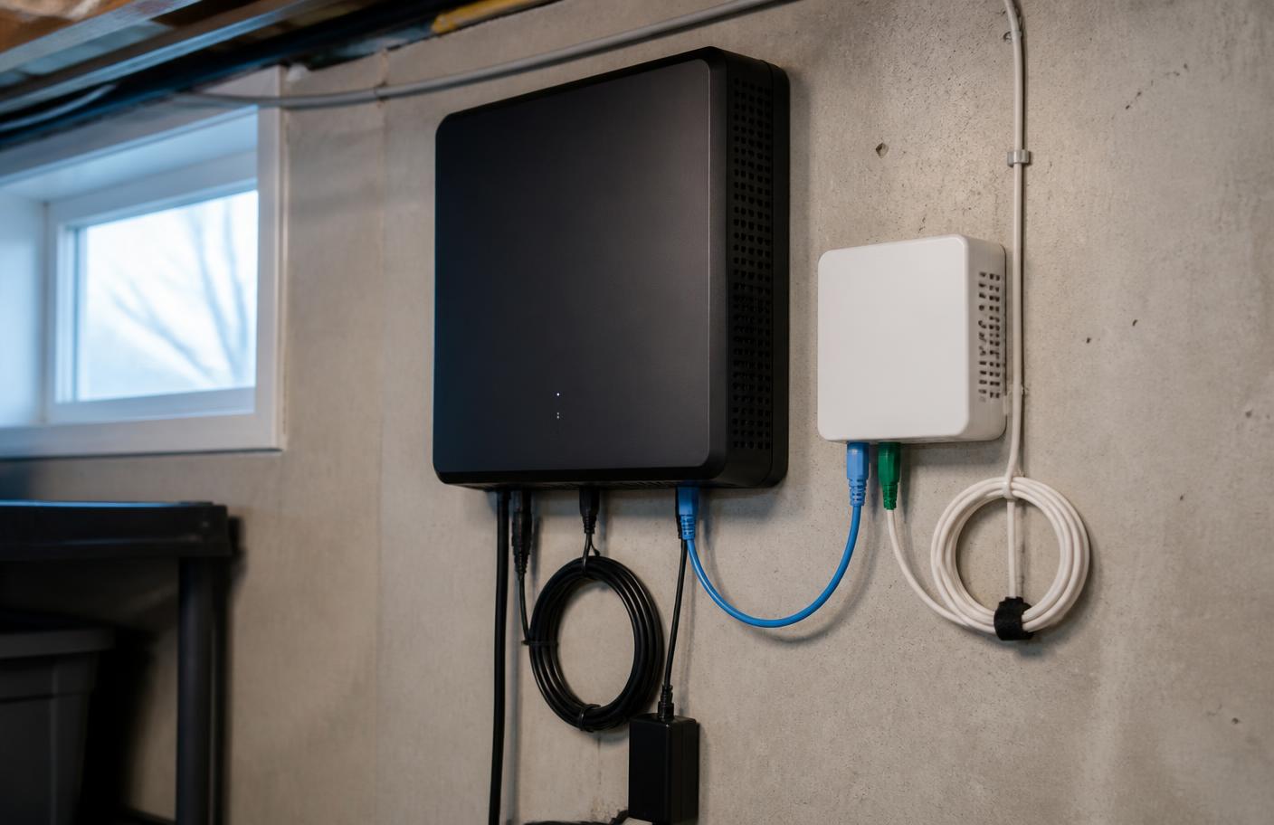 Router und ONT nebeneinander an einer Kellerwand montiert