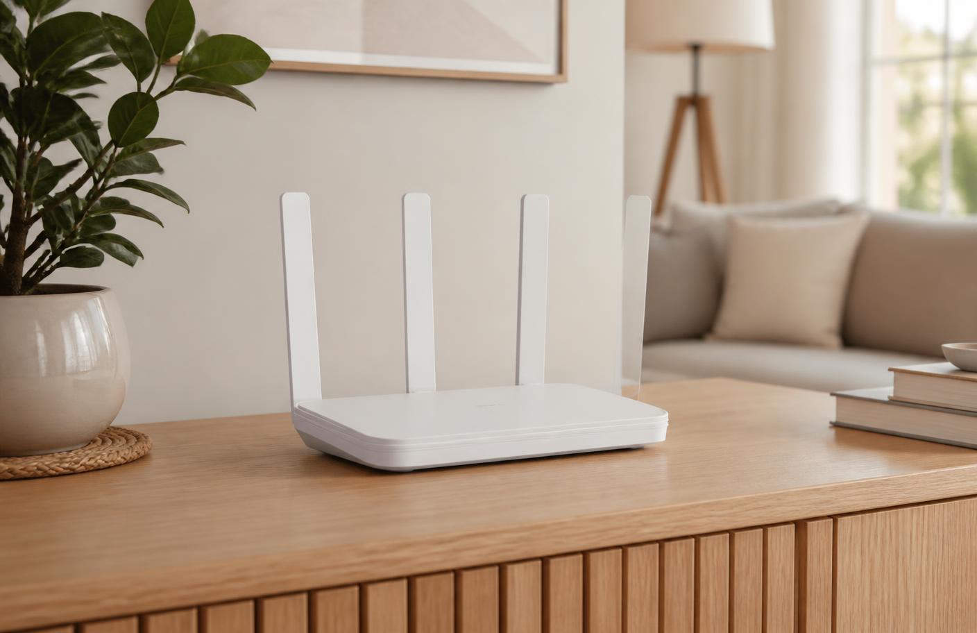 Router steht frei und zentral auf einem Sideboard im Wohnzimmer
