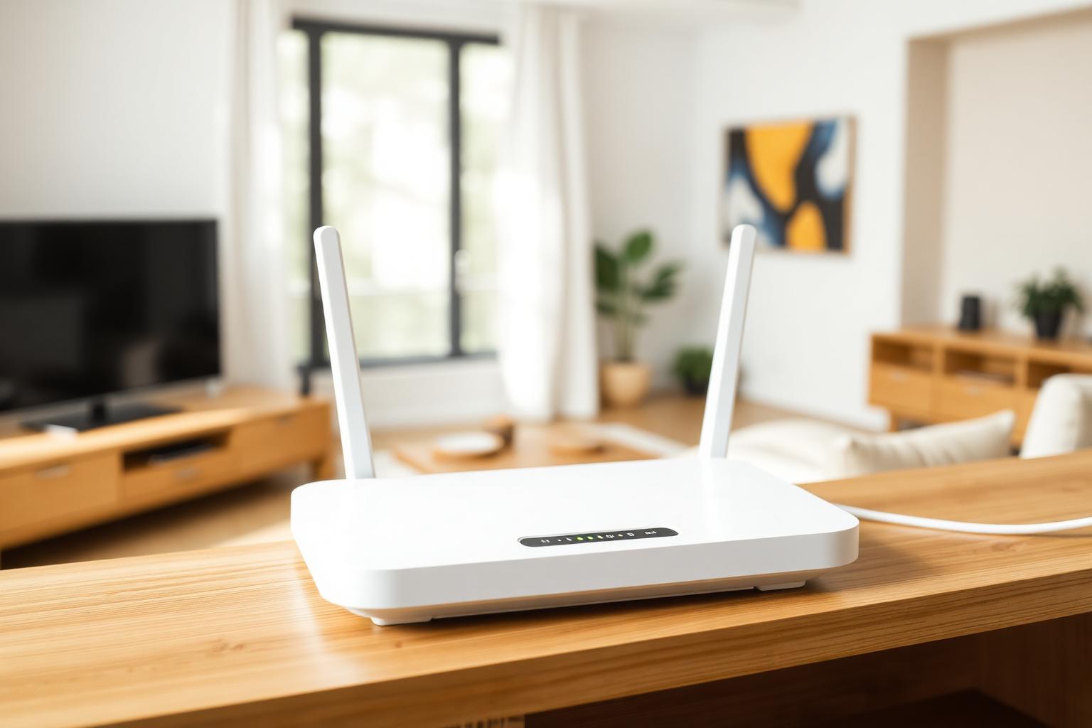 Moderner WLAN-Router zentral auf einem Holzregal in einem hellen Wohnzimmer