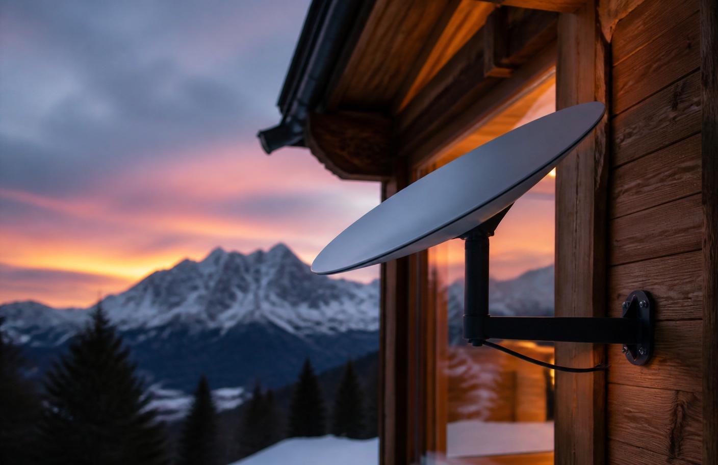 Starlink-Satellitenschüssel an einer Berghütte in den Alpen bei Sonnenuntergang