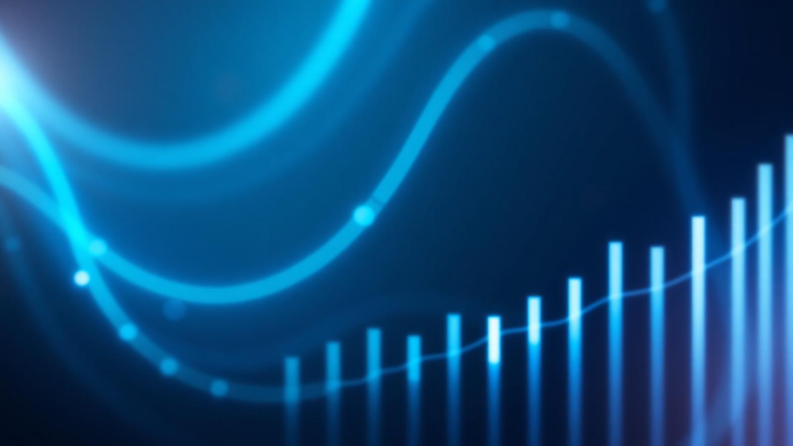 Abstrakte Datenvisualisierung aus blauen Lichtströmen und Balken