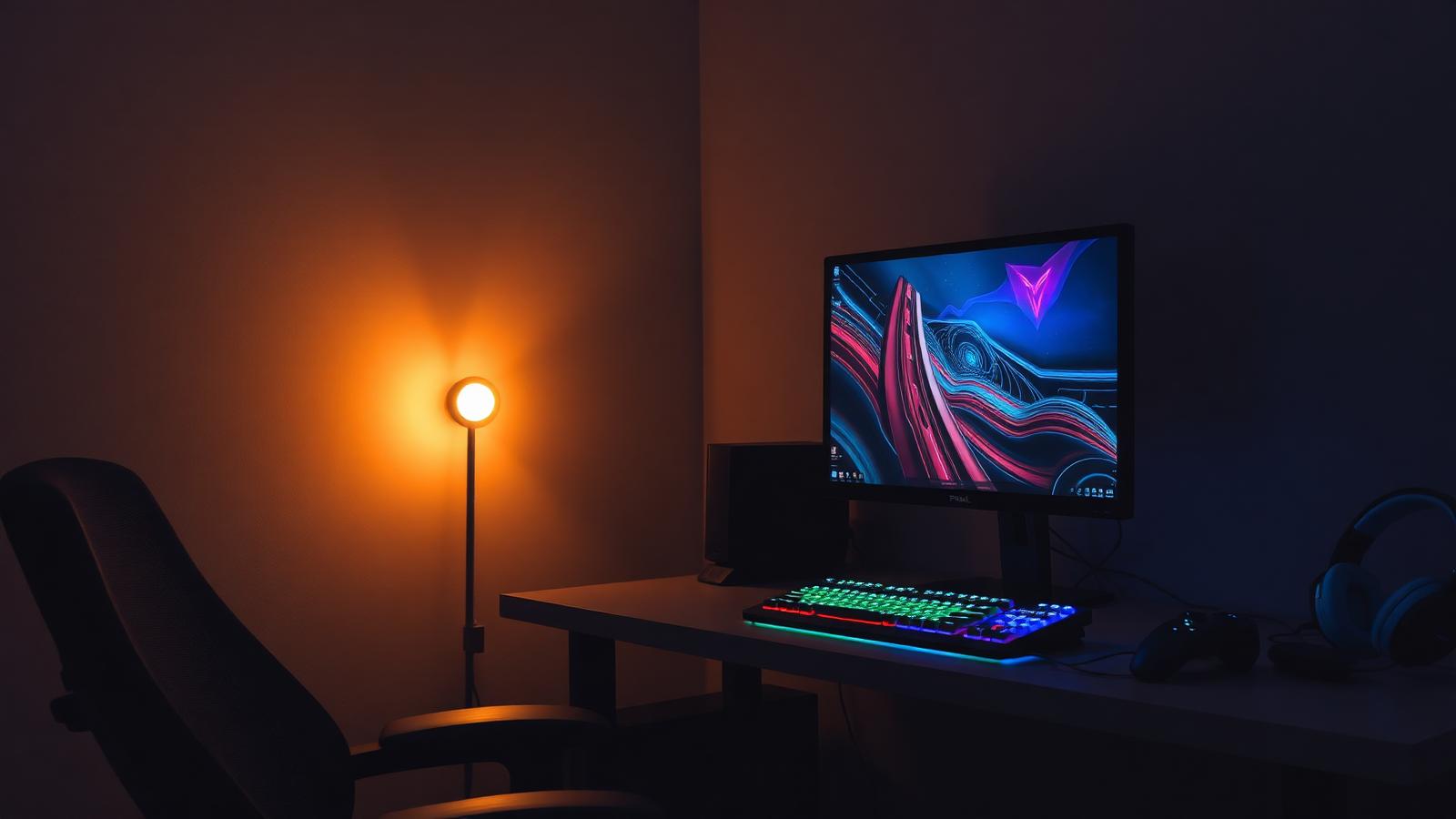 Gaming-Arbeitsplatz mit Monitor, beleuchteter Tastatur und Headset am Abend