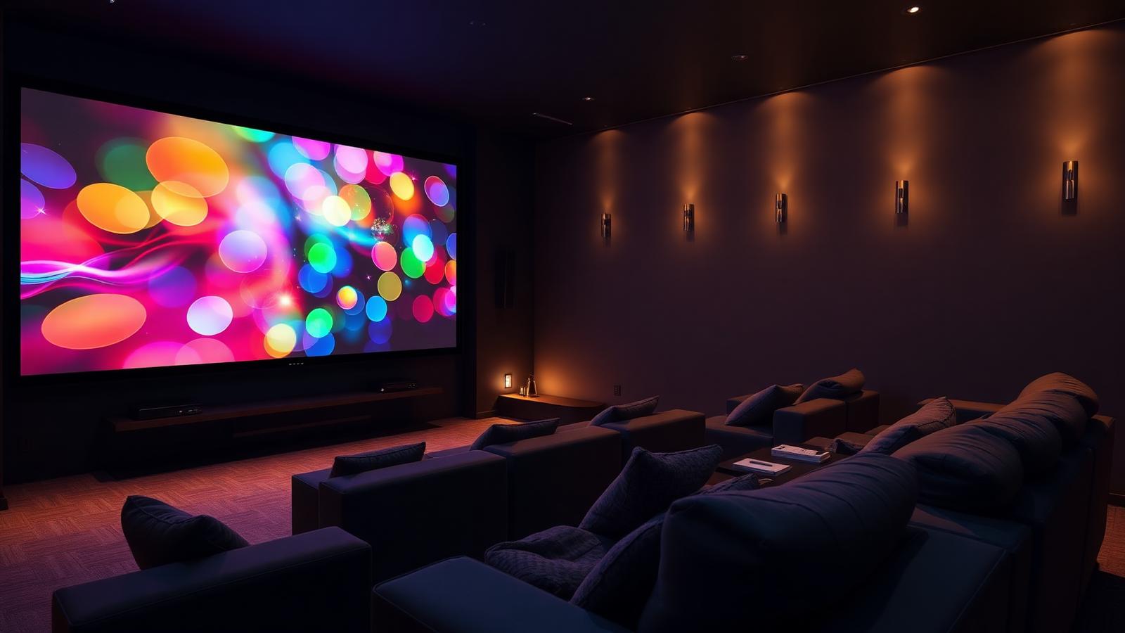 Heimkinoraum mit großer Leinwand und farbigem Bild bei gedämpftem Licht