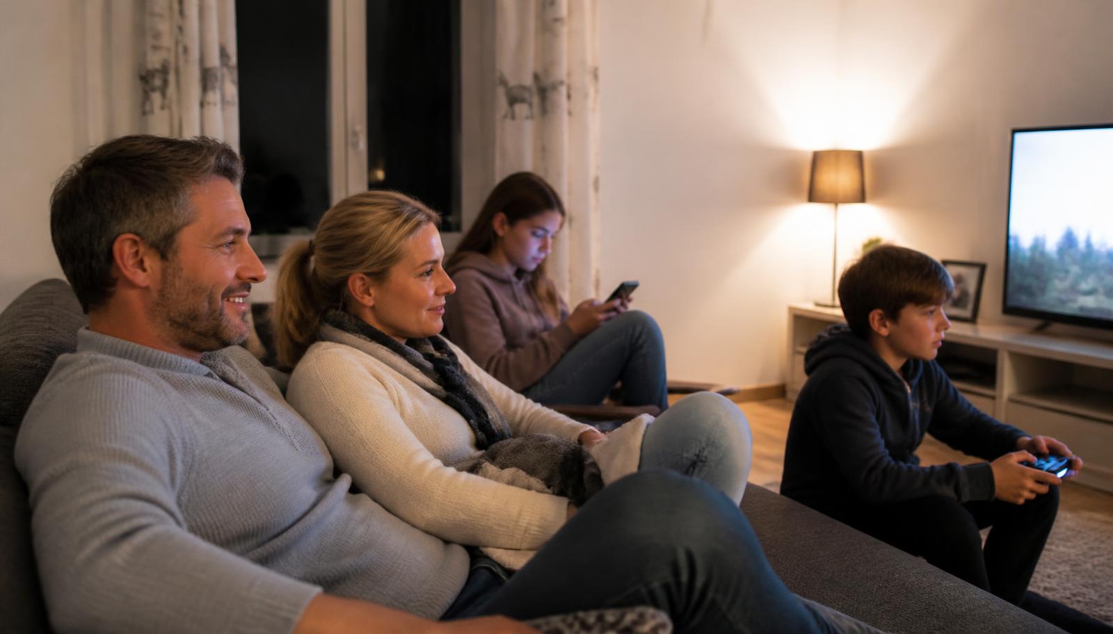 Familie am Freitagabend im Wohnzimmer: Fernseher läuft, Tochter am Smartphone, Sohn mit Controller