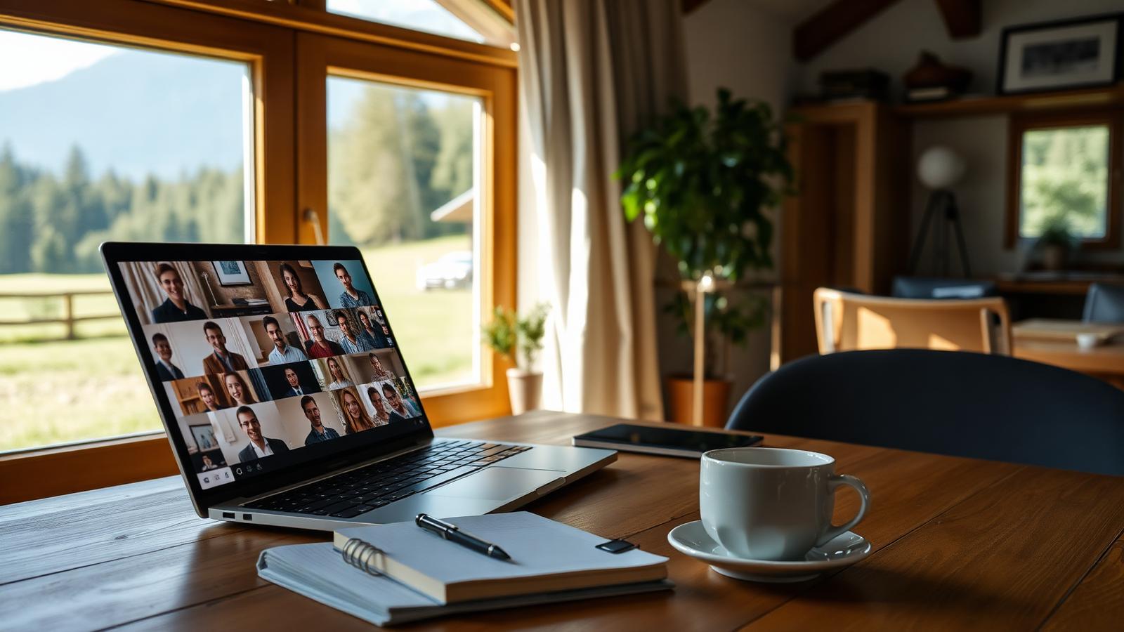 Laptop mit Videokonferenz auf einem Holztisch in einem ländlichen Homeoffice