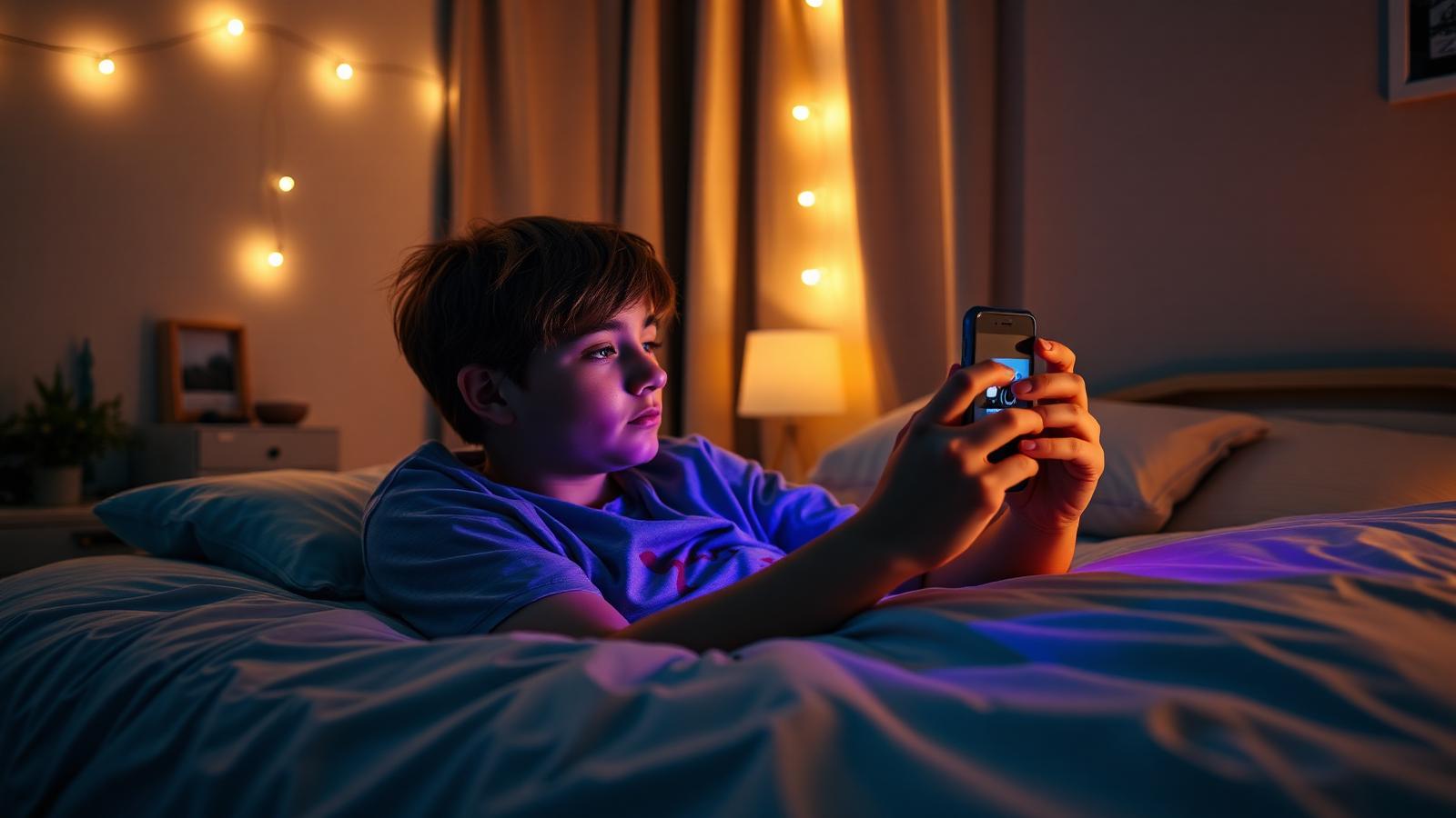 Jugendlicher schaut abends im Bett Kurzvideos am Smartphone