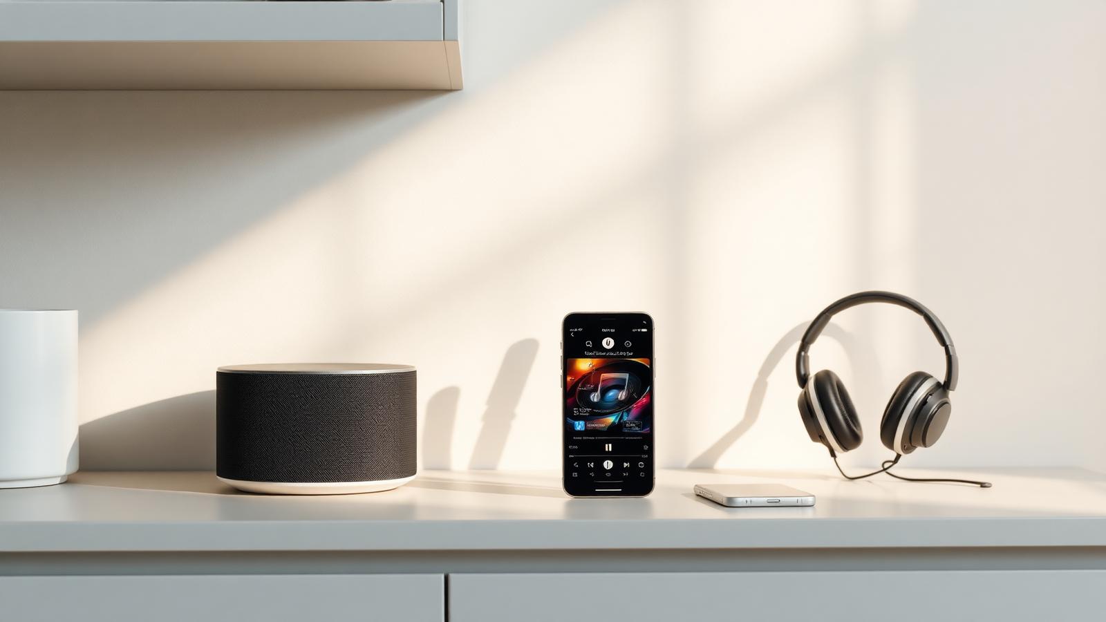 Smart Speaker, Smartphone und Kopfhörer auf einem hellen Regal