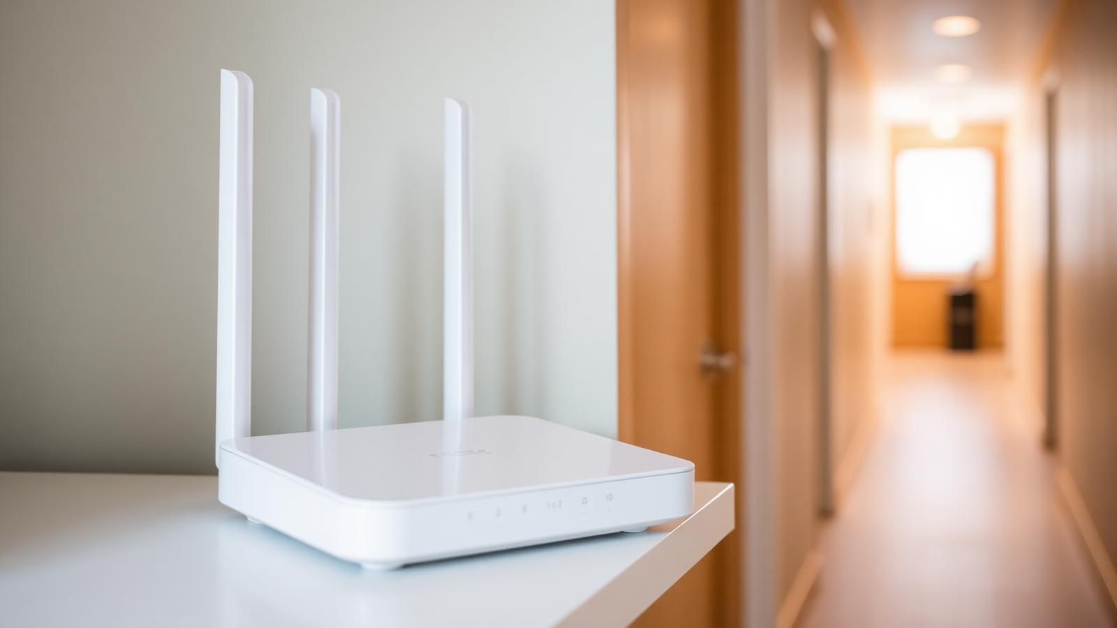 Weißer WLAN-Router mit Antennen auf einer Ablage im Flur