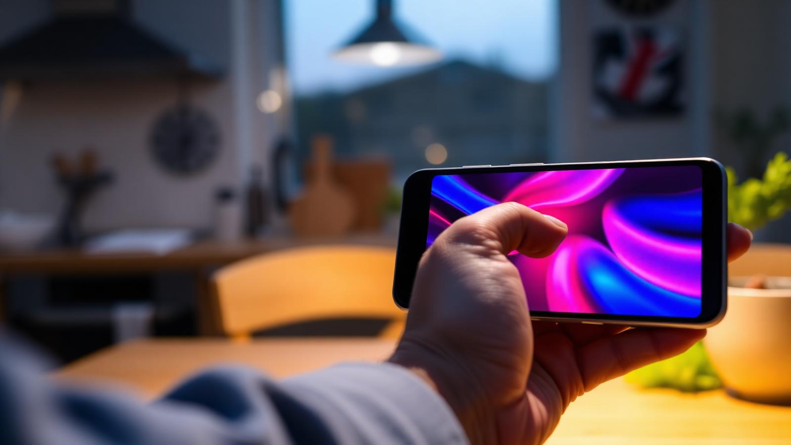Smartphone in der Hand mit laufendem Video in einer Küche am Abend