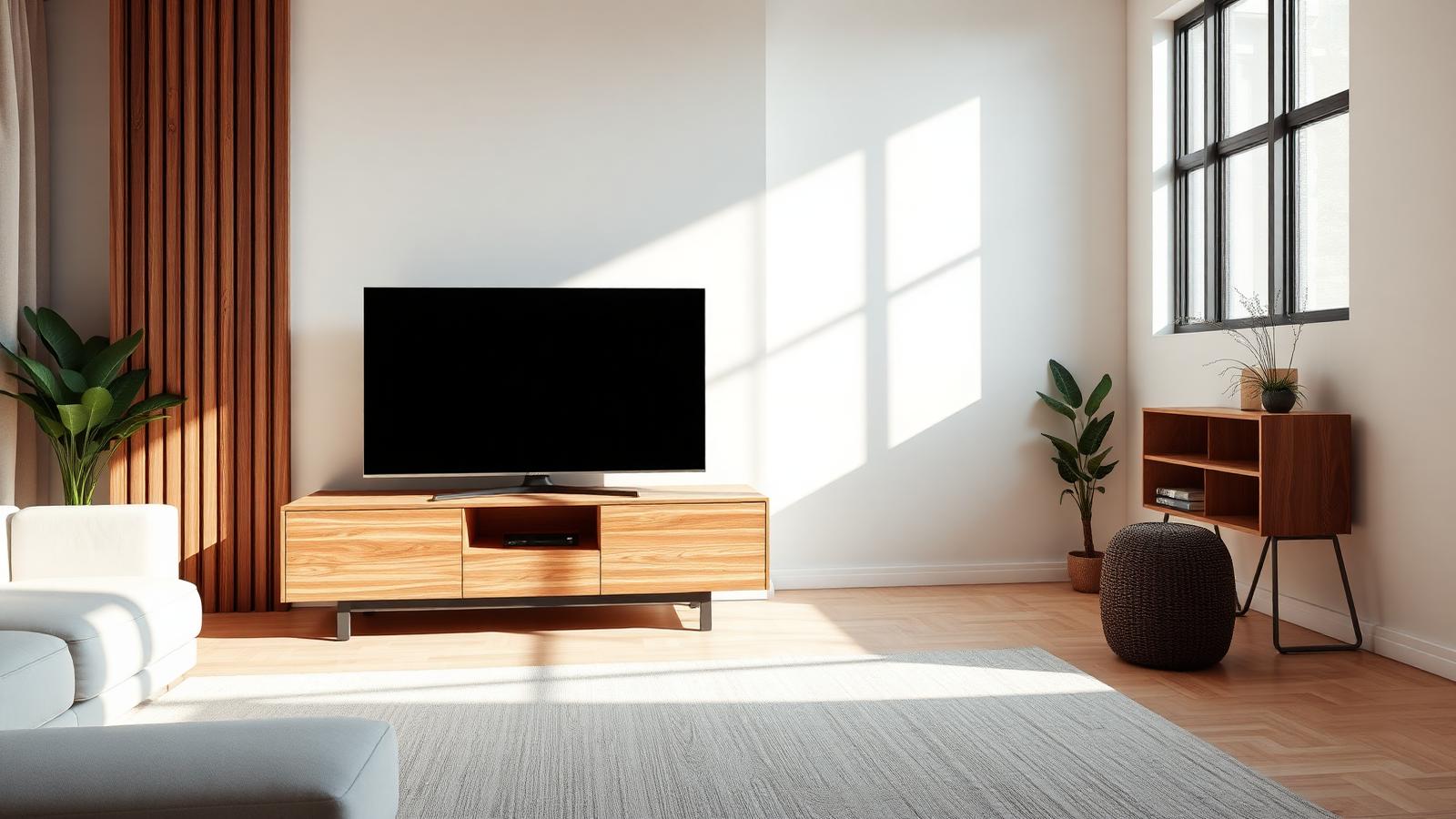 Moderner Smart TV auf einem Holzsideboard in einem hellen Wohnzimmer