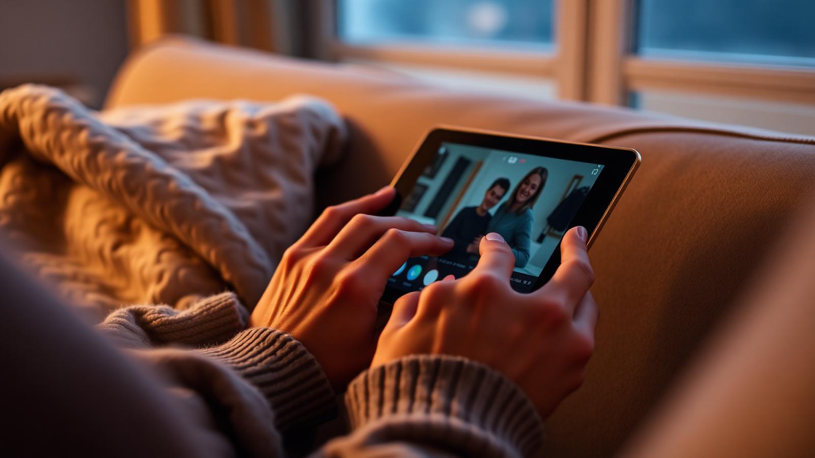 Hände halten ein Tablet mit laufendem Video auf einem Sofa
