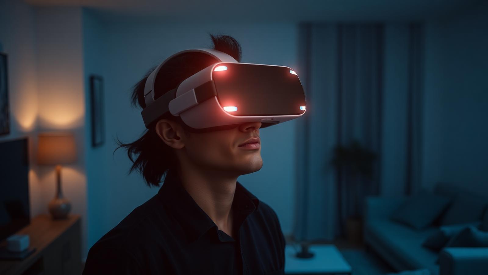 Person mit VR-Brille in einem modernen Wohnzimmer bei gedämpftem Licht