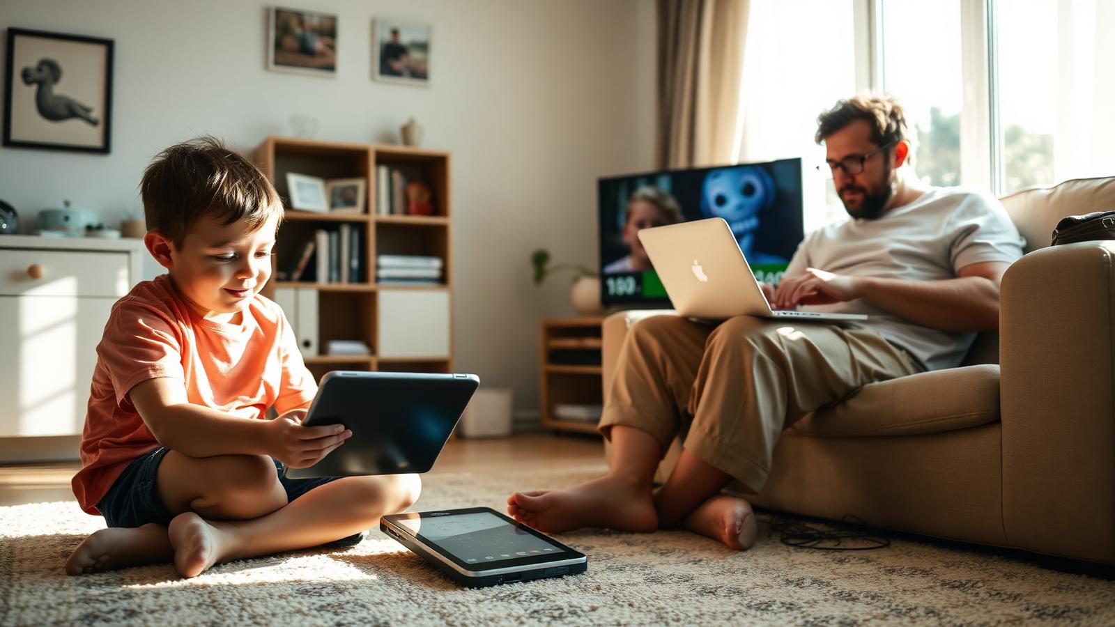 Kind mit Tablet auf dem Boden, Erwachsener mit Laptop auf dem Sofa, Fernseher läuft im Hintergrund