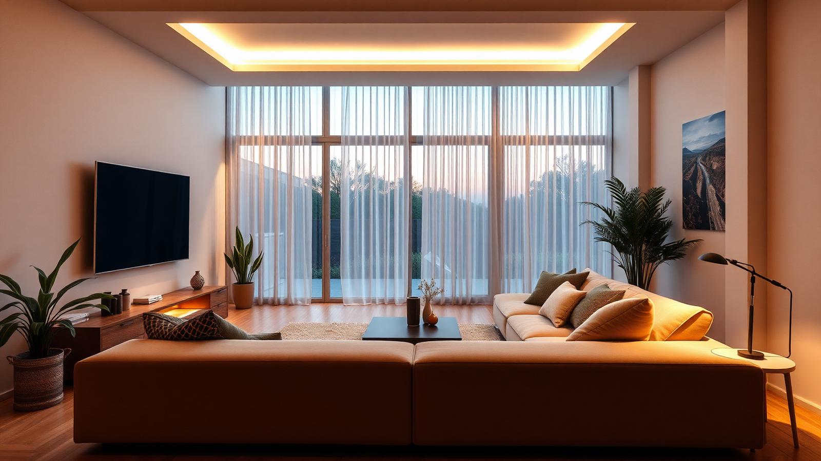 Modernes Wohnzimmer am Abend mit großem Fernseher und indirekter Beleuchtung