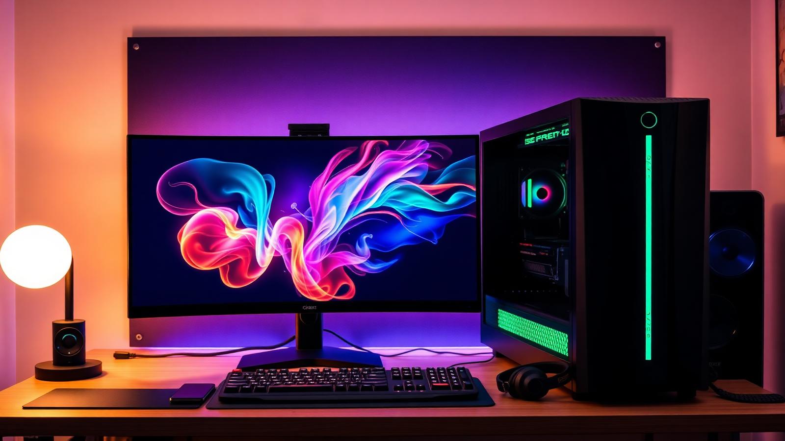 Gaming-Setup mit Monitor, mechanischer Tastatur und farbiger RGB-Beleuchtung in einem abgedunkelten Raum.