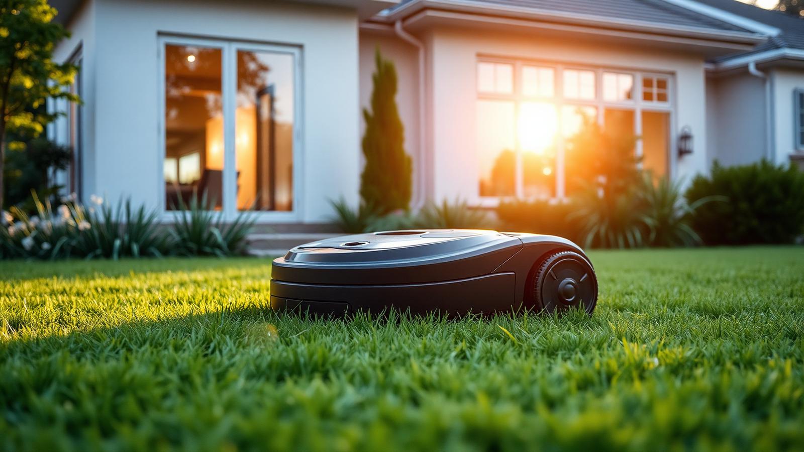 Mähroboter auf einem grünen Rasen vor einem Haus im warmen Abendlicht.