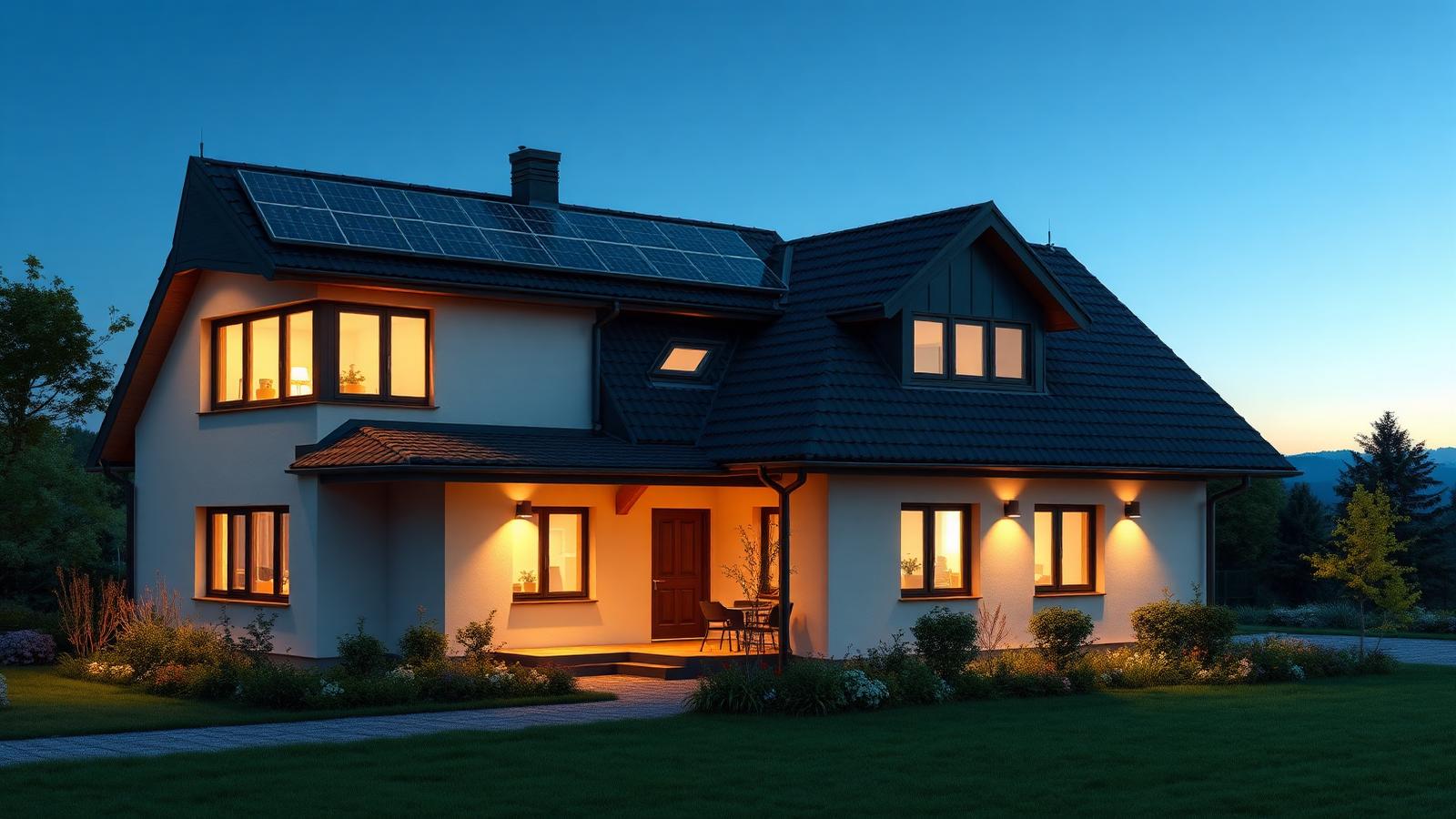Modernes Einfamilienhaus in der blauen Stunde mit warm beleuchteten Fenstern und Photovoltaik auf dem Dach.