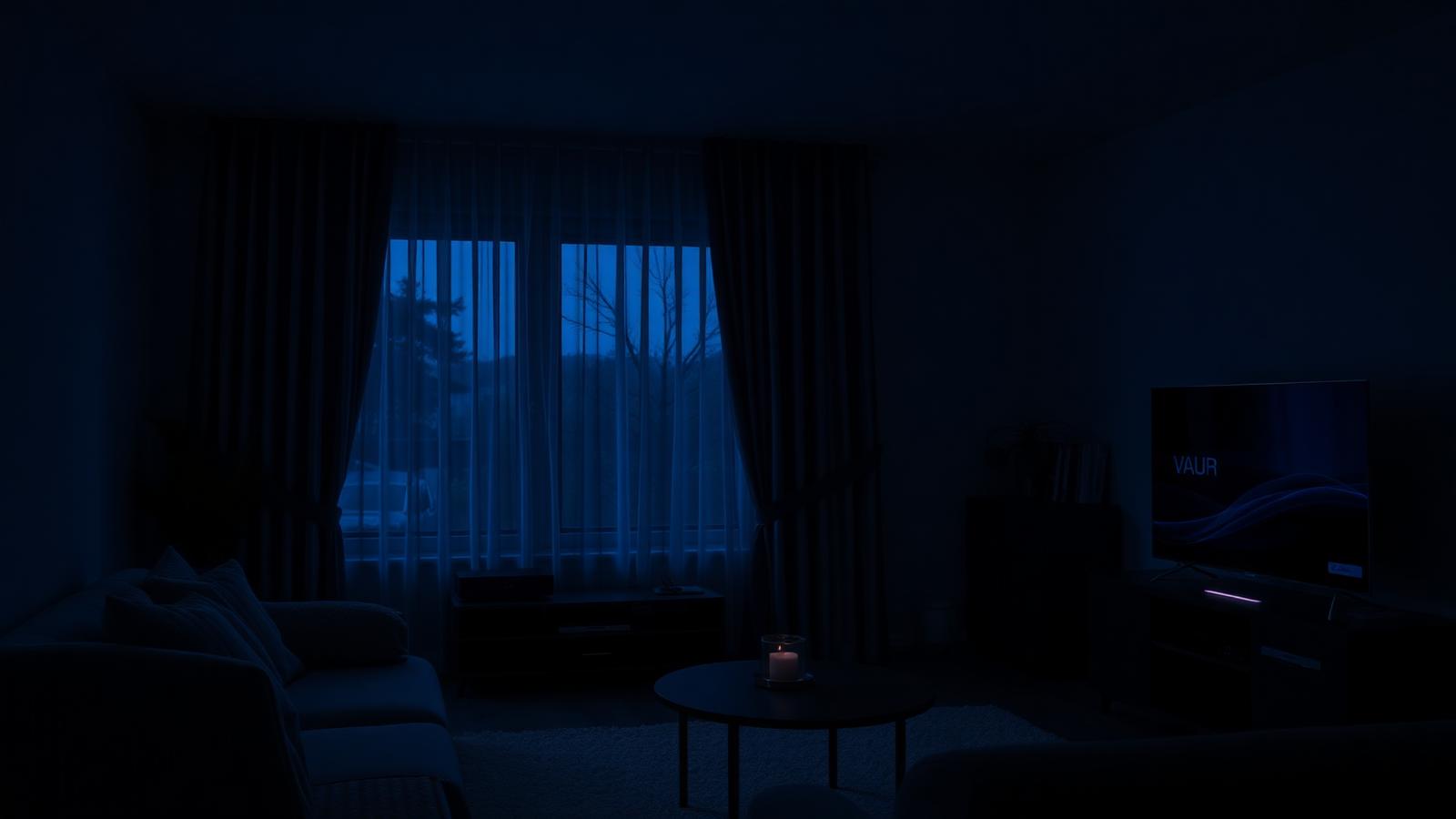 Dunkles Wohnzimmer bei Nacht – zahlreiche kleine Standby-LEDs von Geräten leuchten als einzige Lichtquellen.