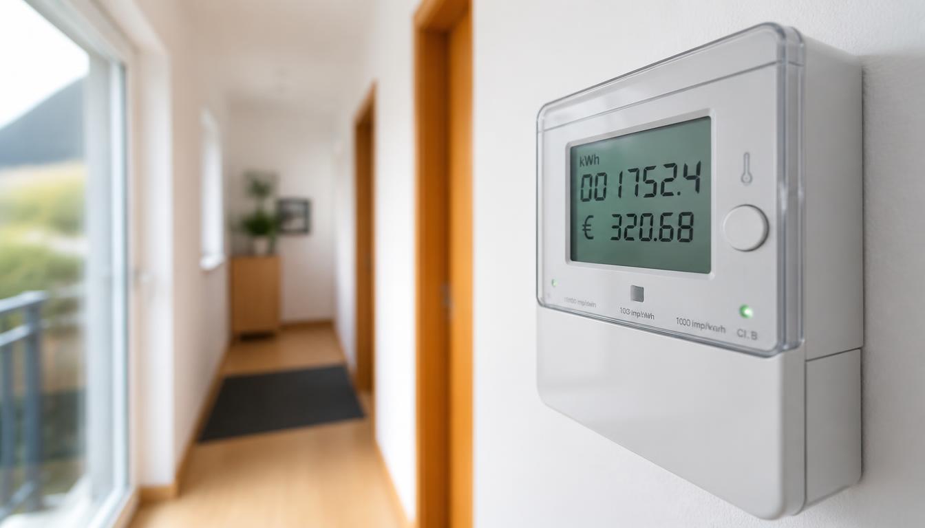 Moderner Smart Meter an einer hellen Wohnungswand – Display zeigt kWh-Verbrauch und Euro-Betrag eines modernen Haushalts.