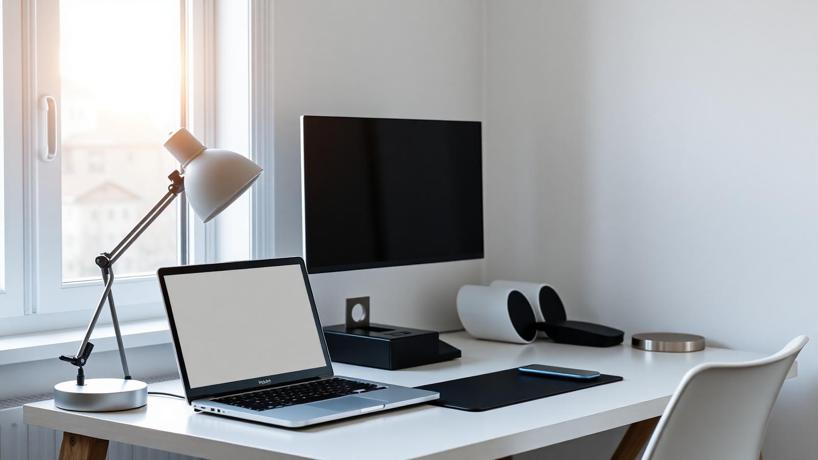 Aufgeräumter Homeoffice-Arbeitsplatz mit zwei Monitoren, Notebook und Dockingstation bei Tageslicht.