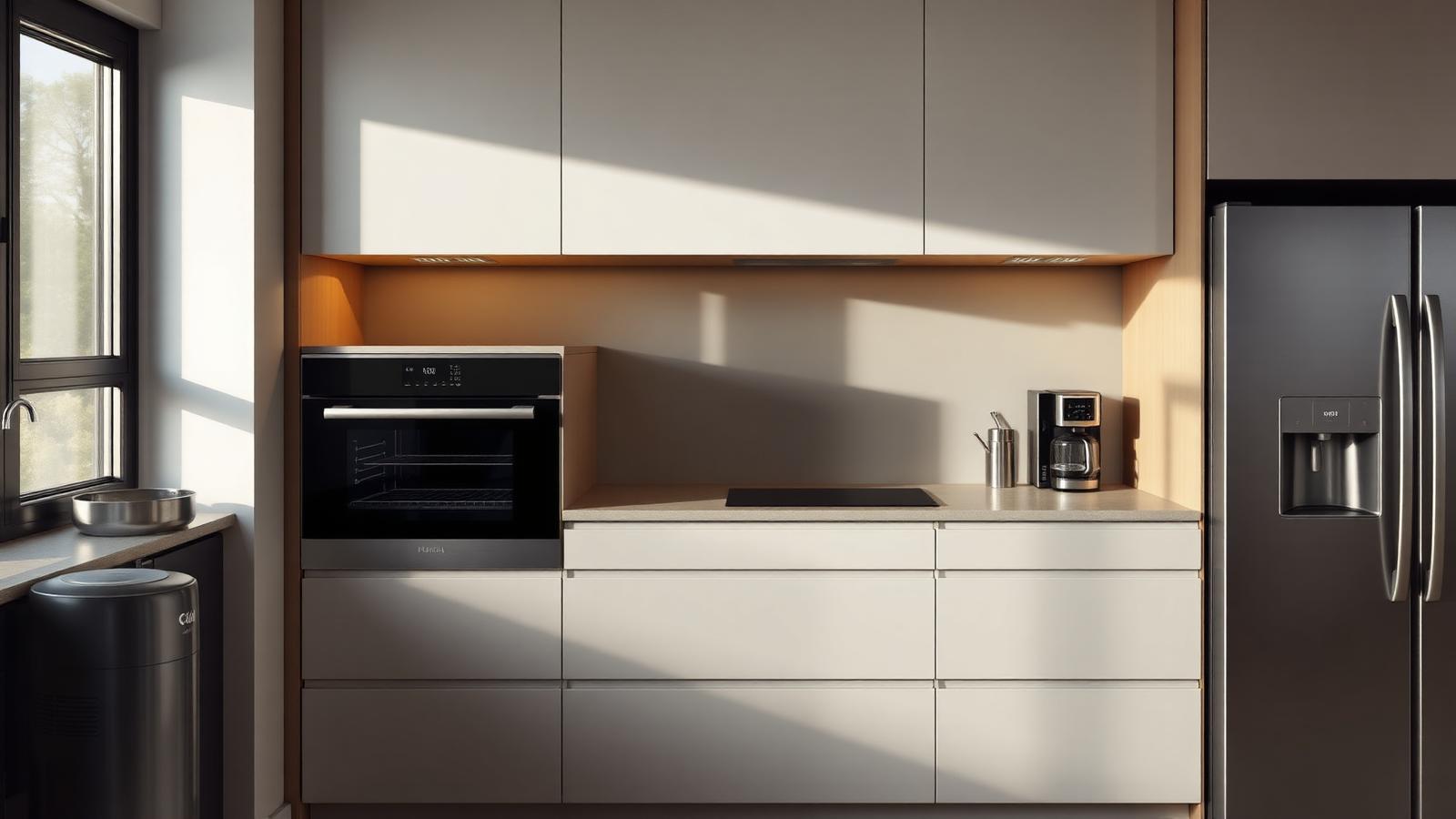 Moderne helle Küche mit Einbaugeräten, Kühlschrank und Arbeitsfläche bei Tageslicht.