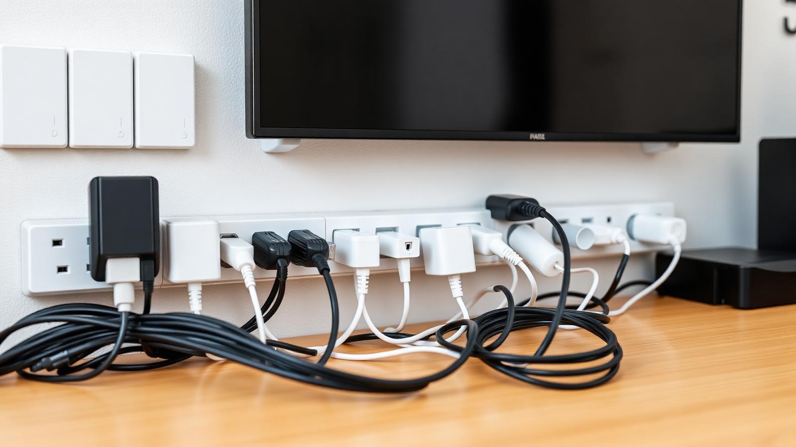 Steckdosenleiste hinter einem Sideboard mit zahlreichen eingesteckten Netzteilen und Kabeln.