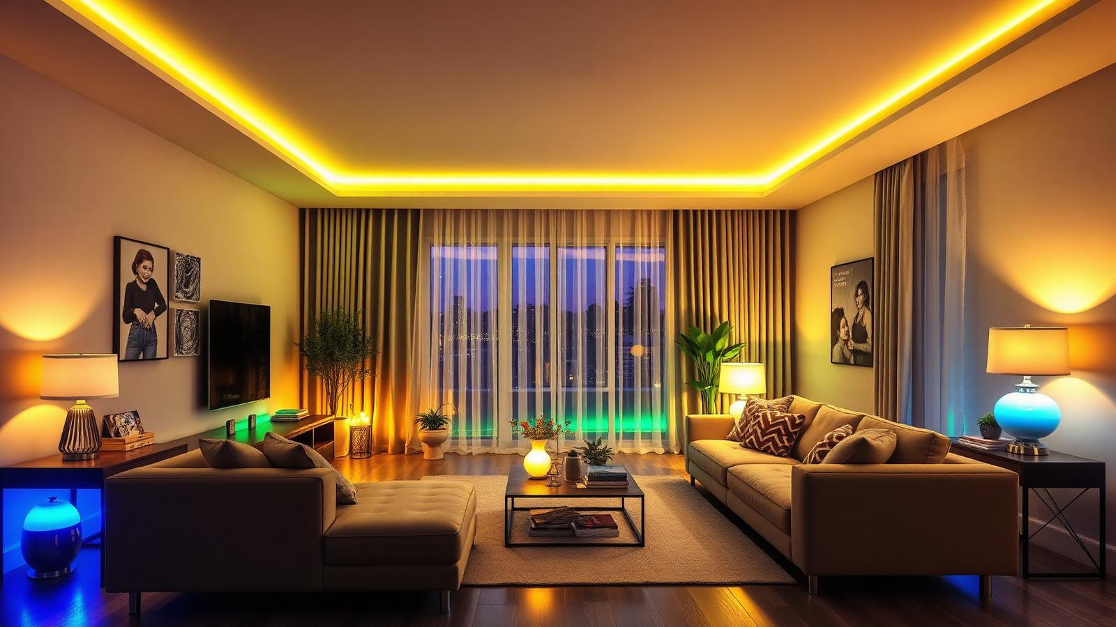 Wohnraum mit warm leuchtender smarter LED-Beleuchtung und indirektem Licht an den Wänden.