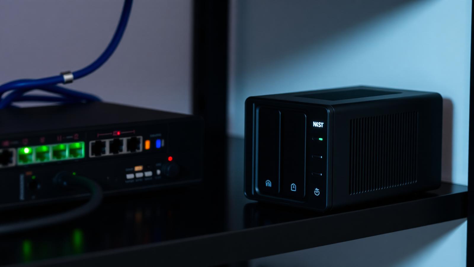 Kompaktes Netzwerkspeicher-Gehäuse (NAS) mit zwei Festplatteneinschüben in einem Regal.