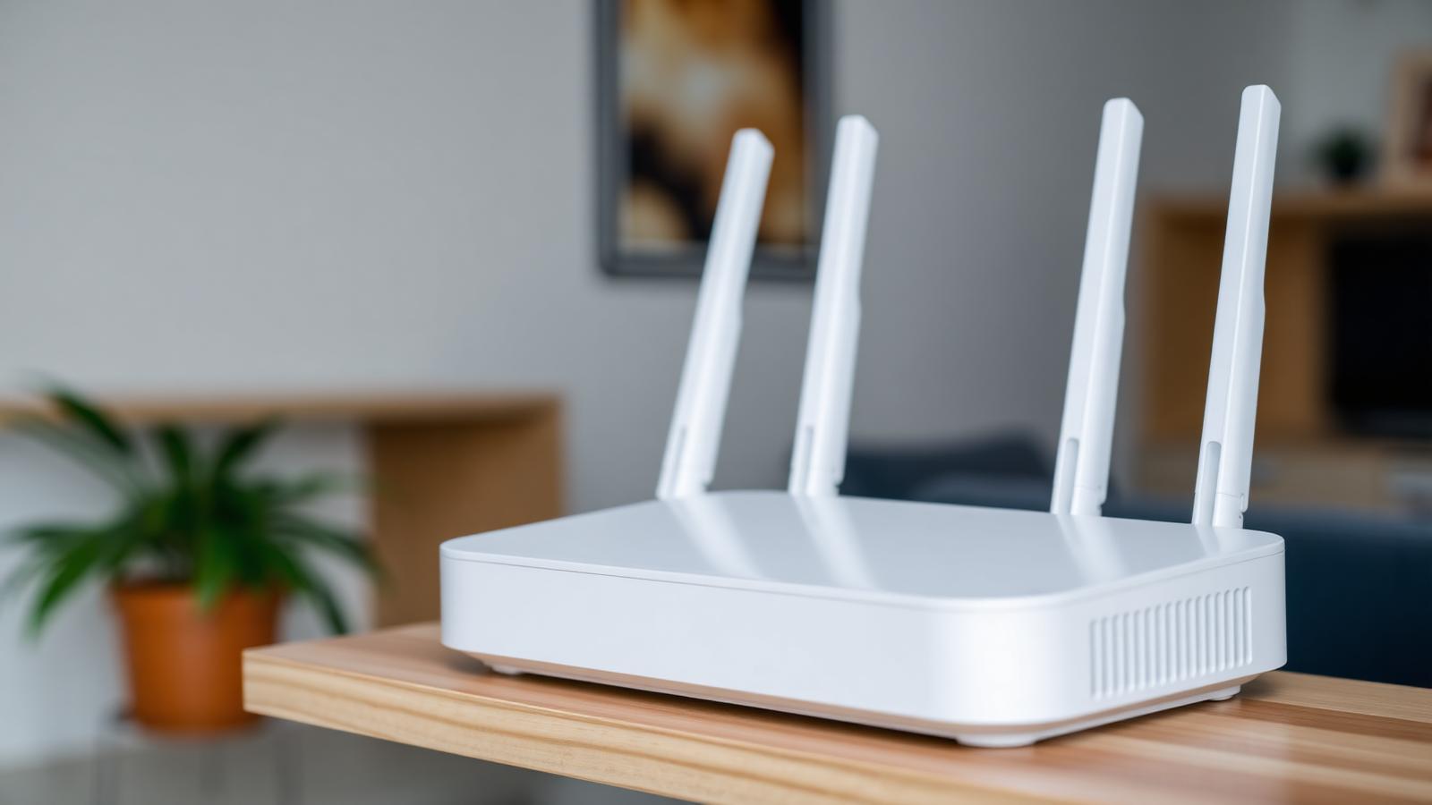 Moderner weißer WLAN-Router mit blau leuchtenden Status-LEDs auf einem Sideboard.