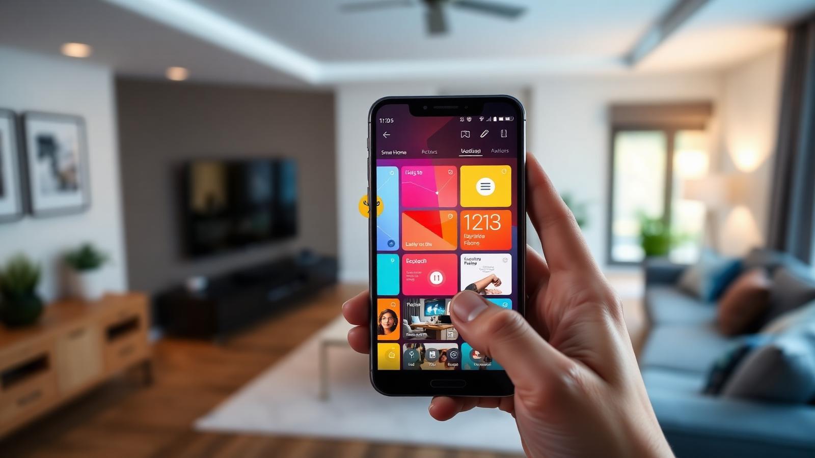 Hand hält ein Smartphone mit farbiger Smart-Home-Übersicht, im Hintergrund unscharf ein Wohnzimmer.