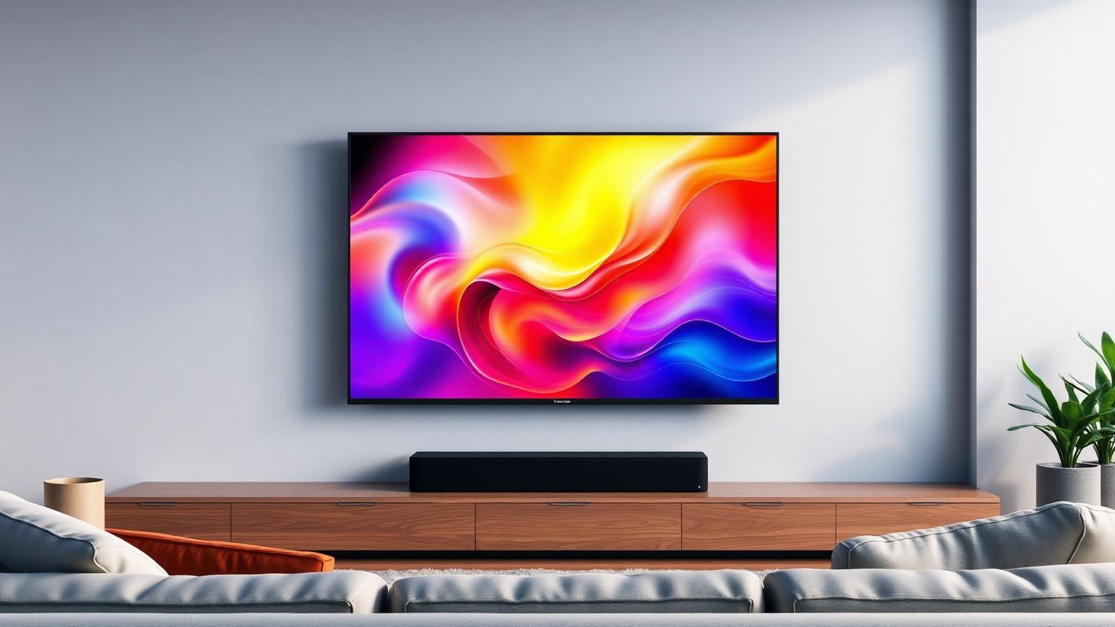 Großer flacher Fernseher an einer hellen Wand über einem Holz-Sideboard mit Soundbar.
