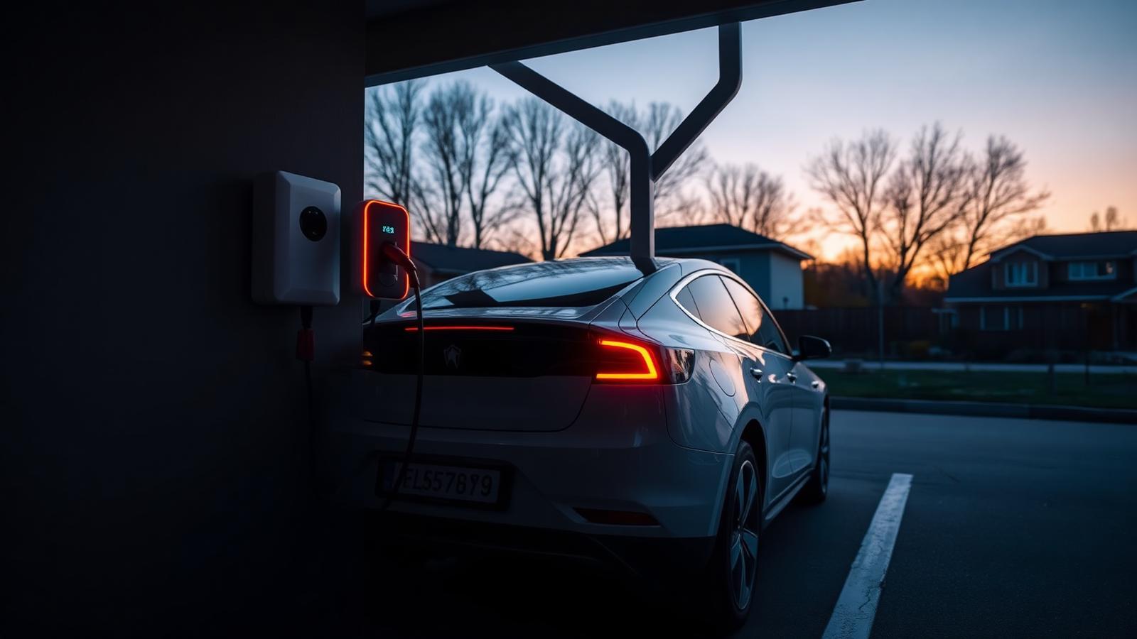 Weiße Wallbox an einer Hauswand, ein Ladekabel führt zu einem Elektroauto in der Einfahrt.