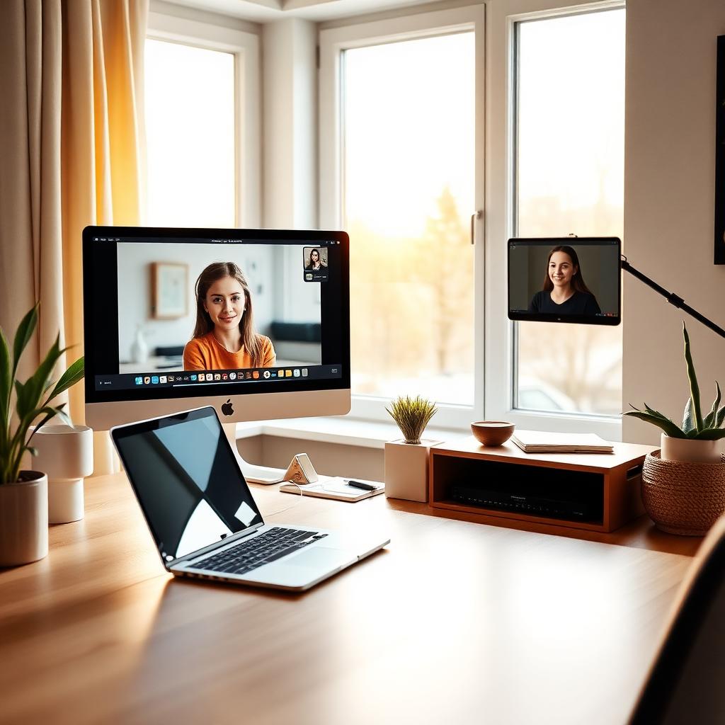 Modernes Homeoffice mit Laptop, Monitor, Tablet und Videokonferenz.