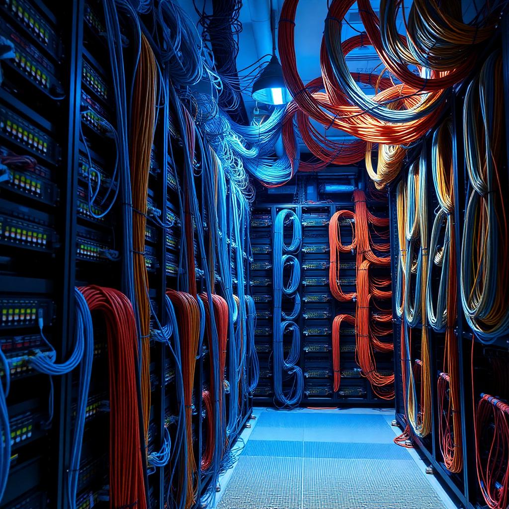 Netzwerkschränke mit tausenden bunten Patchkabeln in einem Internet-Exchange.