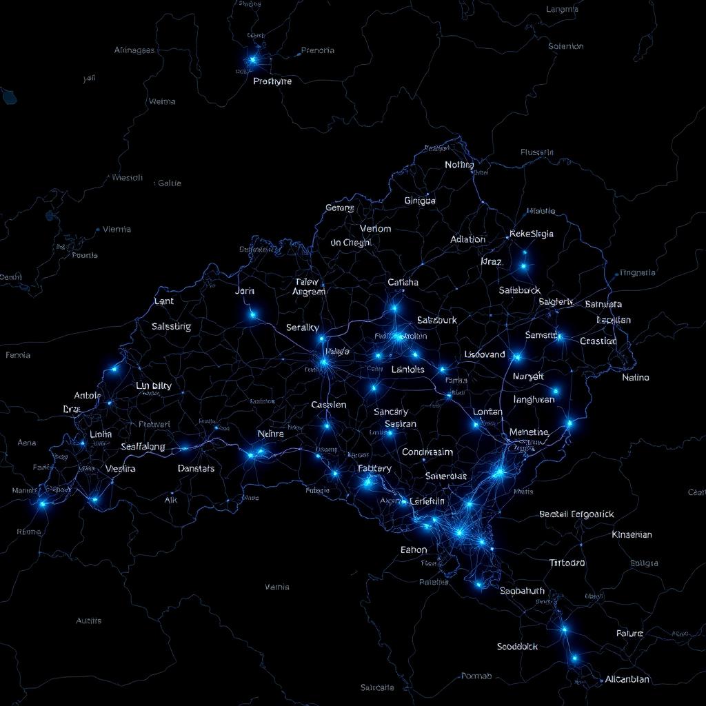 Karte Österreichs mit leuchtenden blauen Glasfaserverbindungen zwischen den Landeshauptstädten.