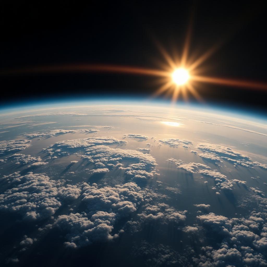 Blick von einem Satelliten auf die Erde bei Sonnenaufgang.
