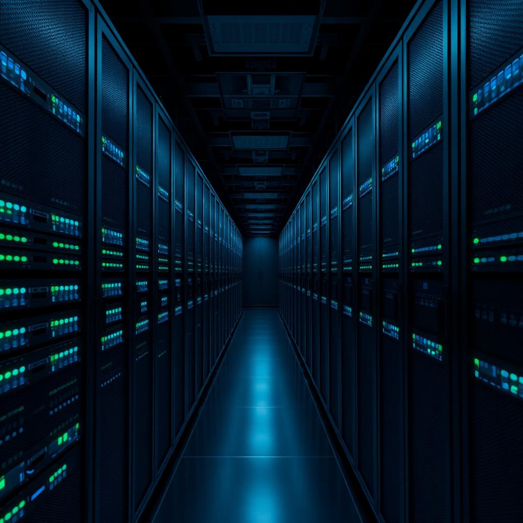 Dunkler Serverraum mit langen Reihen an Server-Racks und blauen LED-Anzeigen.