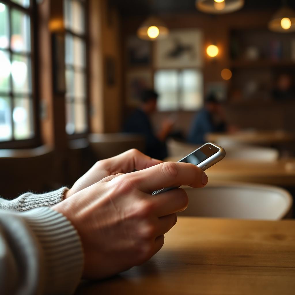 Hände halten ein Smartphone in einem gemütlichen Café.