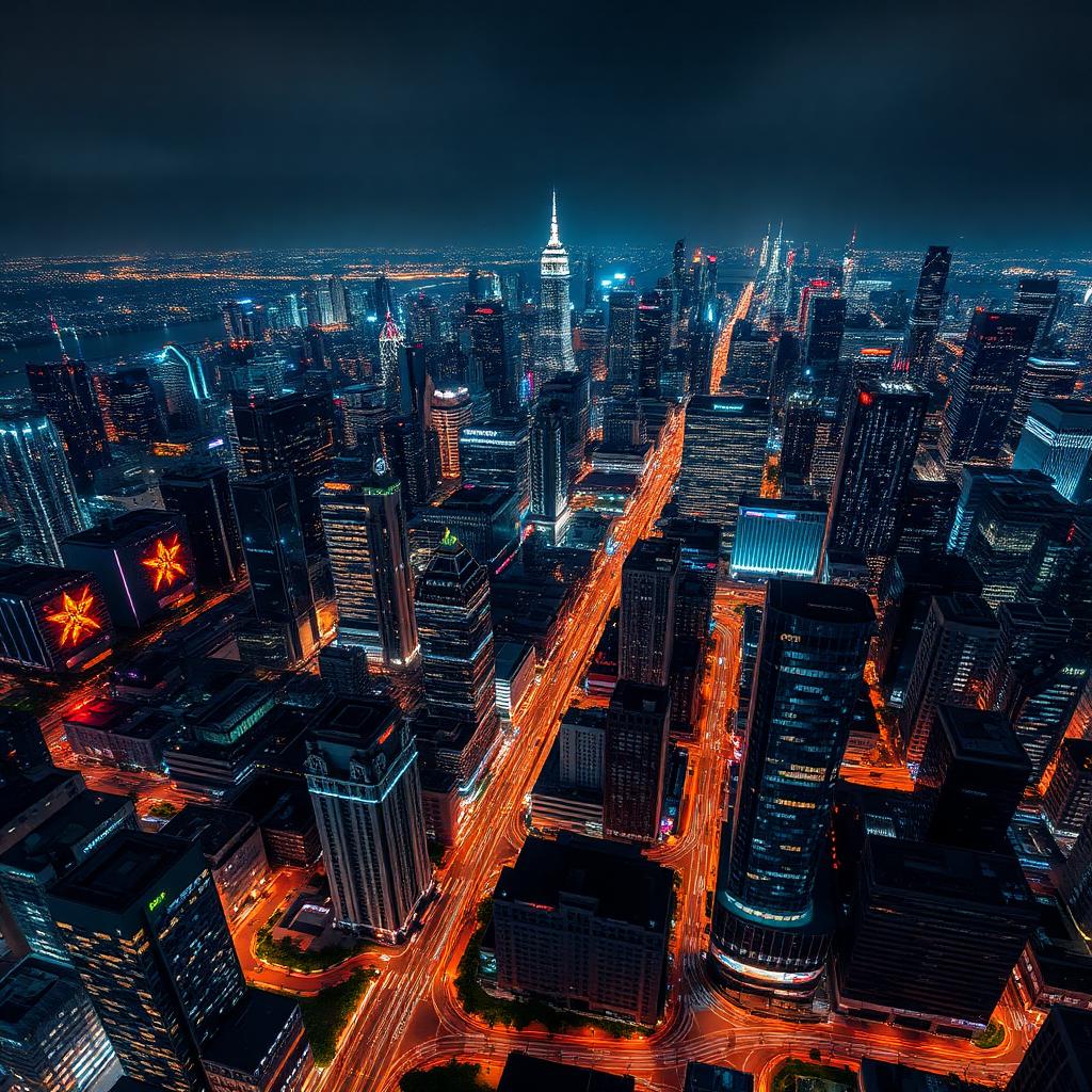 Moderne Großstadt bei Nacht aus der Vogelperspektive.